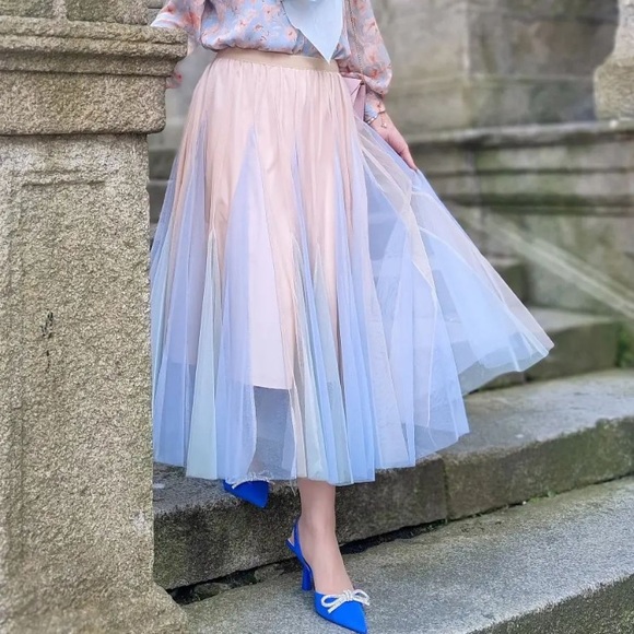 Dresses & Skirts - COLOR BLOCK PANELLED MESH FRILLING MAXI SKIRT IN APRICOT small/medium